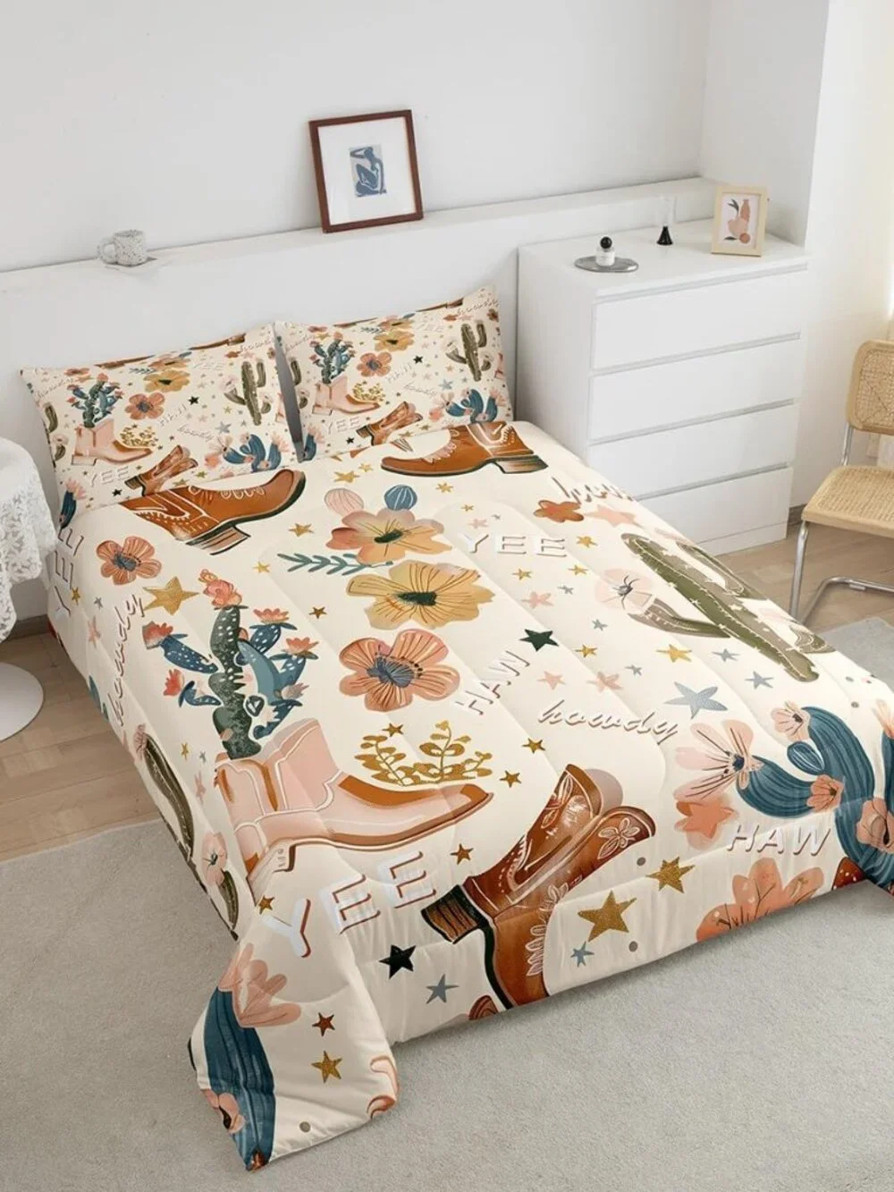 Cowgirl Comforter Set Queen Size, Country Western Cowboy Boots Brown Bedding Set